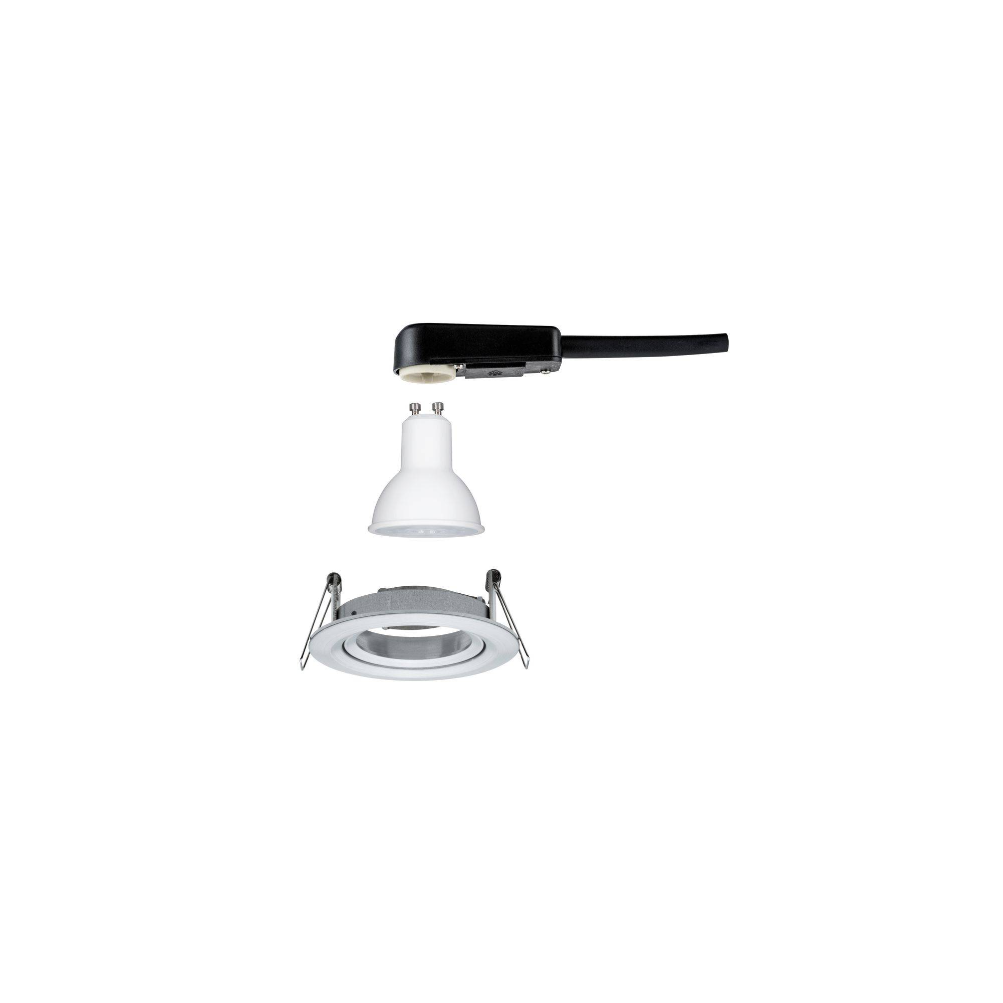 'Recessed spotlight dismantled, comprising a GU10 socket, an LED lamp, and a round metal frame with mounting clips.'