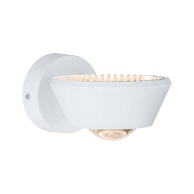 White wall lamp with round base and wide shade; modern, minimalist design.