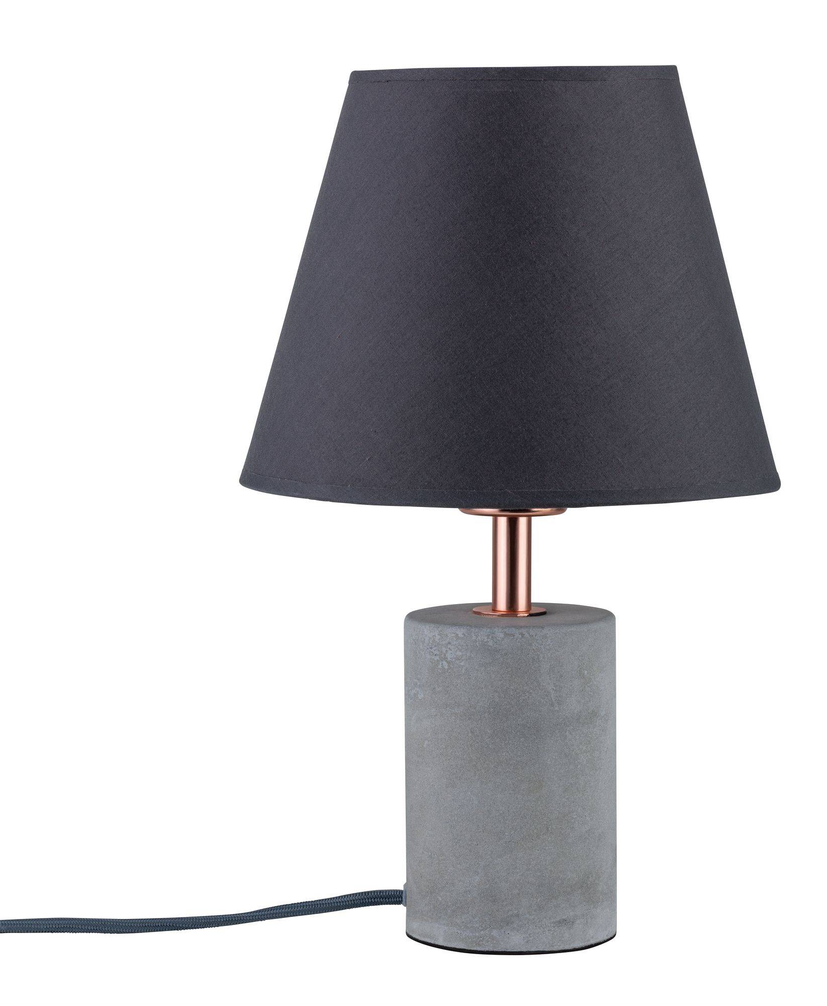 Simple table lamp with a grey concrete base and black lampshade, suitable for modern interiors.