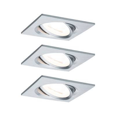 Three rectangular ceiling lights made of brushed metal with round, adjustable inserts that provide pleasantly diffused light.