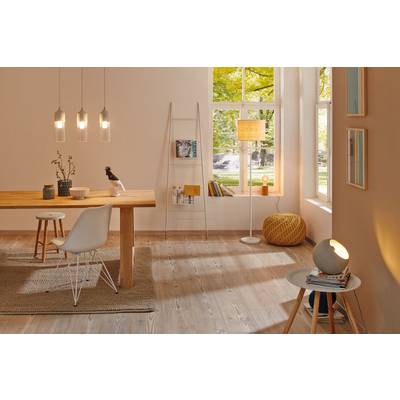A bright living room with a large wooden table, white and wood-toned chairs. A standard lamp and windows overlooking green trees.
