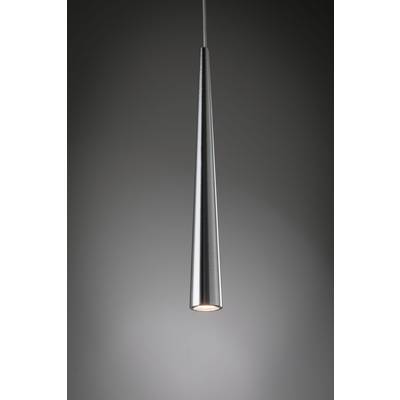 A slender, conical metal pendant light hangs from the ceiling and casts a focused light downwards, against a grey background.