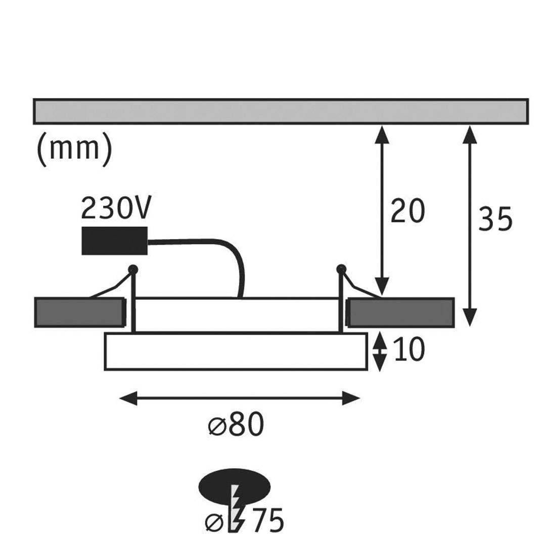 Wiring Diagram for Ceiling Mounting of an Electrical Device: 230V Connection, Dimensions 80x35x20 mm, Mounting Material ø75.