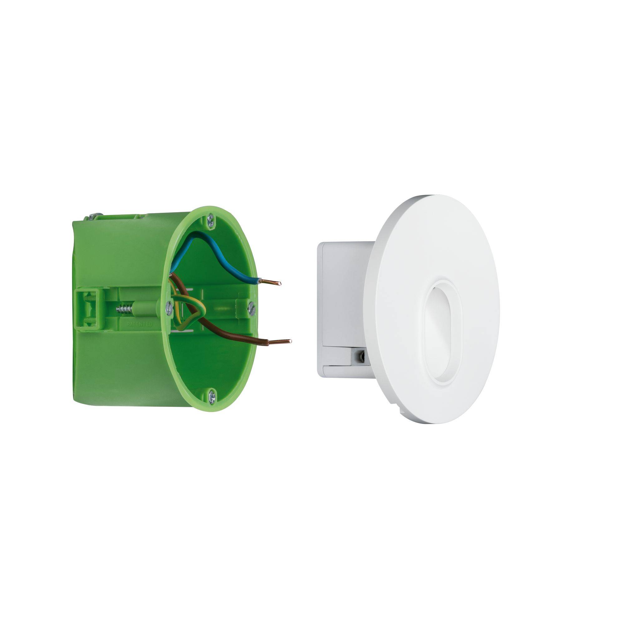 'Installation sensor with mounting block and cabling, suitable for wall mounting, shown against a white background.'