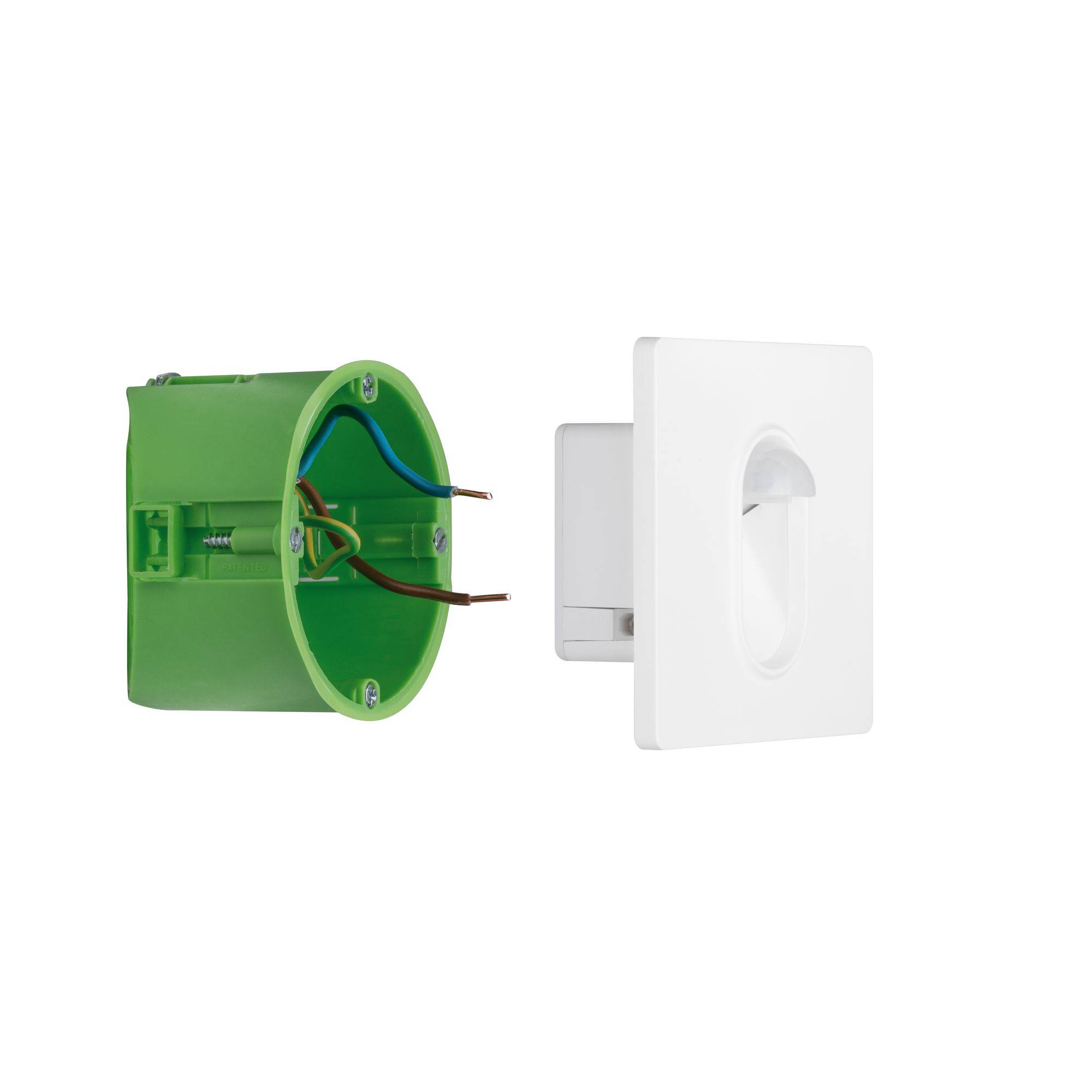 White wall socket next to a green recessed electrical box with protruding cables, showing installation and wiring steps.