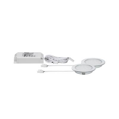 Two round LED lights with white edges beside a white cable and a rectangular white adapter on a white background.