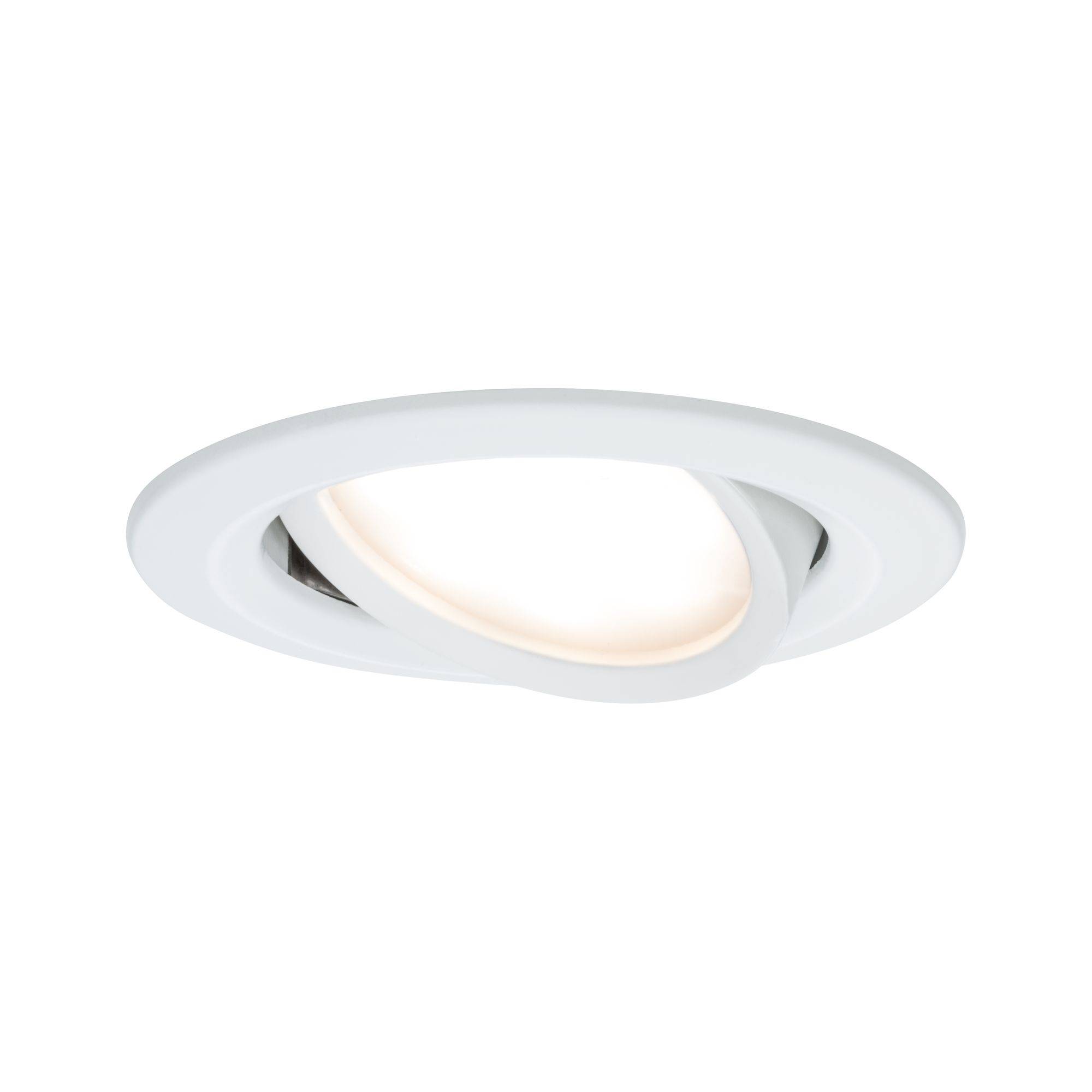 A white, round LED ceiling light with a pivoting frame that radiates warm light. Ideal for modern interior spaces.