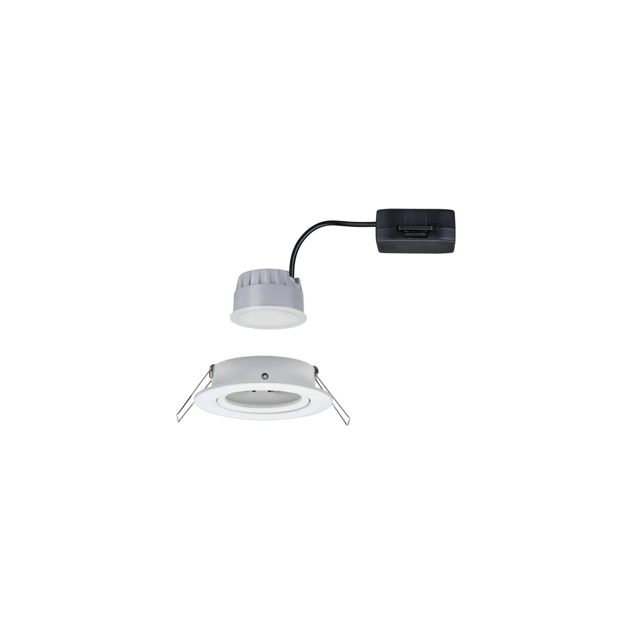 LED recessed spotlight with white frame, black connection cable, and mounting base. Ideal for modern lighting applications.