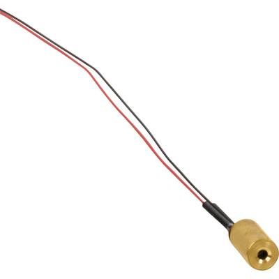 A small laser module with two cables, one black and one red, is connected at one end. The laser housing is gold-coloured.
