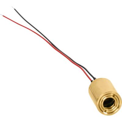 Gold-coloured laser diode module with two protruding cables, one black and one red.
