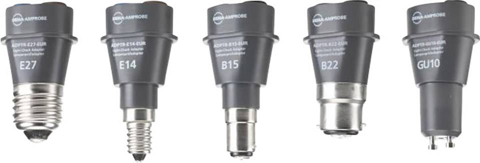 Five different lamp socket types side by side: E27, E14, B15, B22, GU10, each with different metal threads and contact points.