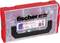 A red plastic box with the print 'fischer FIXtainer'. Contains various wall plugs and screws.