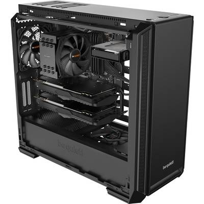 An open desktop PC tower with two graphics cards, a large CPU cooler, and multiple case fans. The 'be quiet!' brand name is visible.