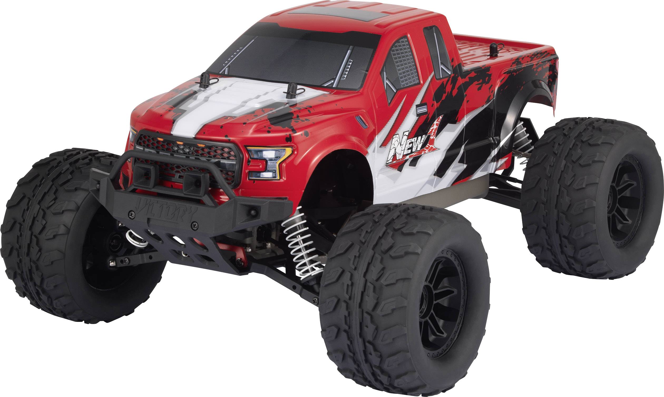 Red remote-controlled toy car with large tyres and black and white graphic details on the bodywork.