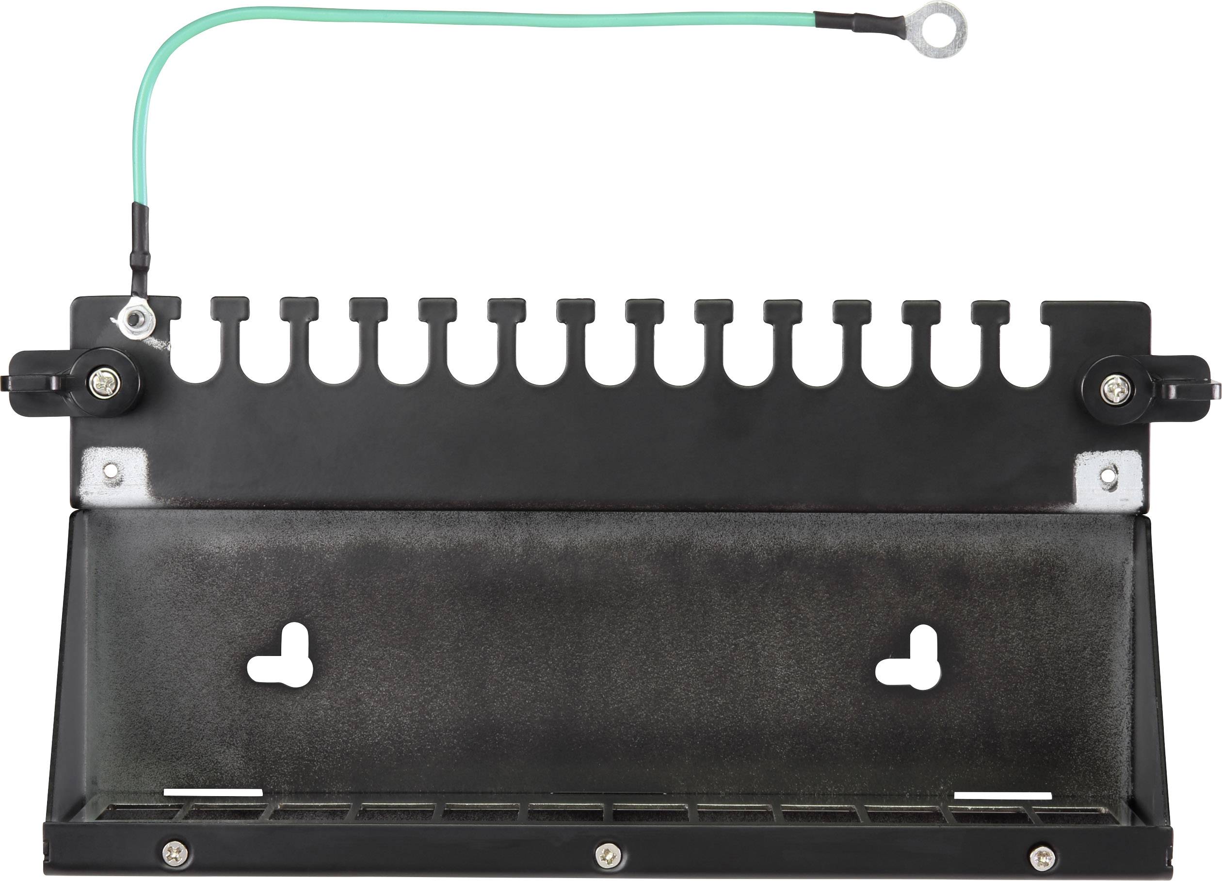 A black metal shelving unit with hooks for wall mounting and a green earthing cable attached at the top.