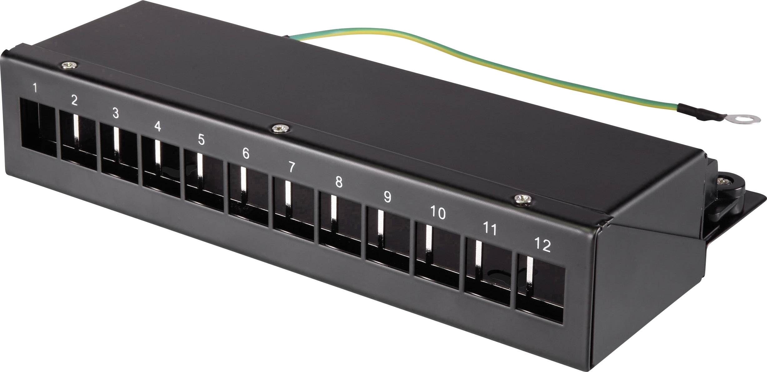 Twelve-Port Earthing Module with Numbered Terminals and Earthing Cable, for Safeguarding Network Cabling.