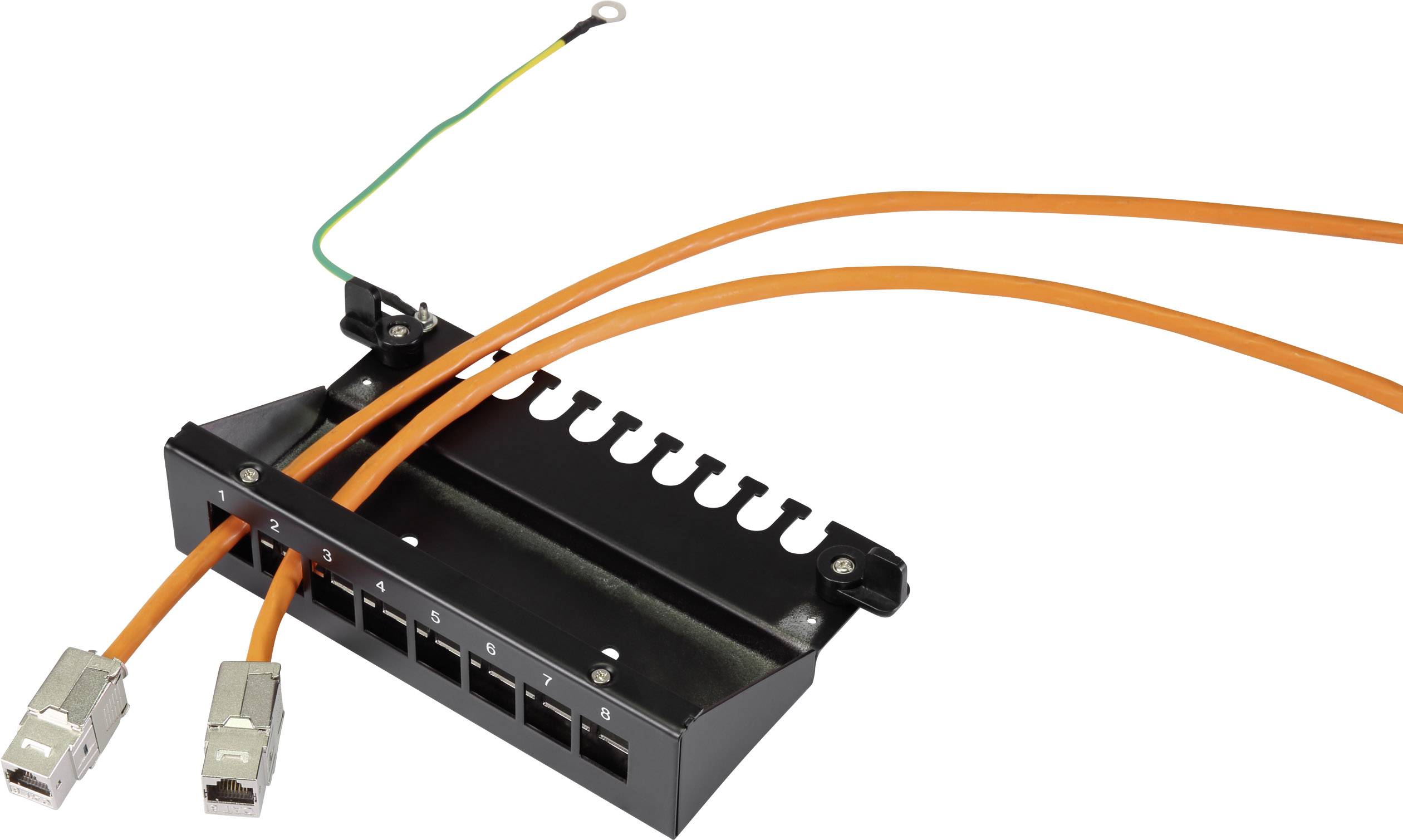 A black cable management clip with multiple slots, two orange cables plugged in, connected with silver connectors.