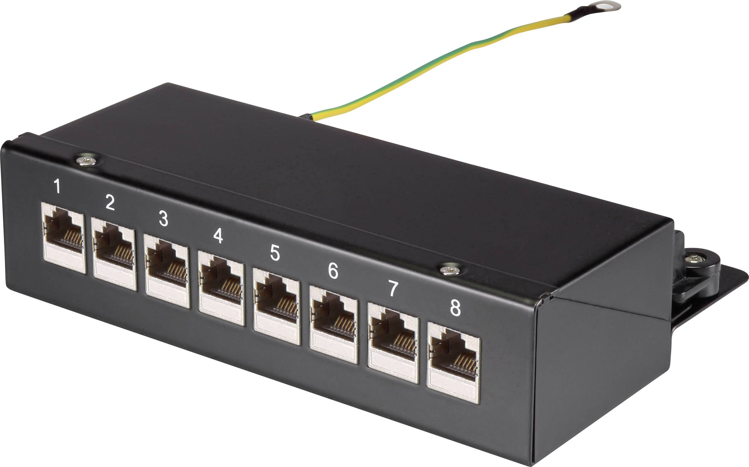 Black network patch panel with eight numbered Ethernet ports, with single-core earthing cable attached at the top.