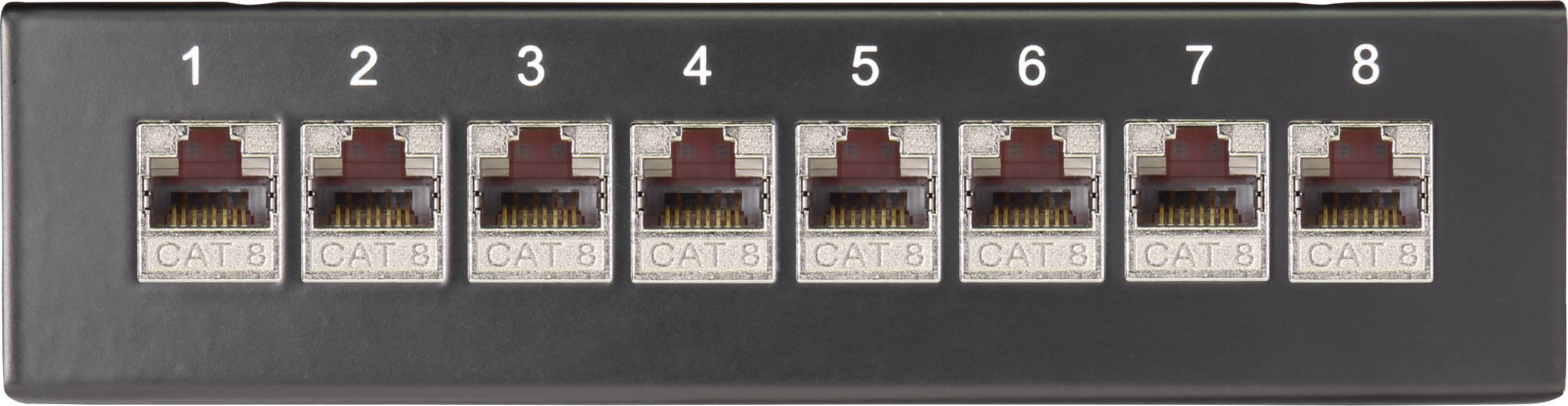 Eight numbered Ethernet ports on the horizontal panel. Each port is labelled as 'CAT 8'.