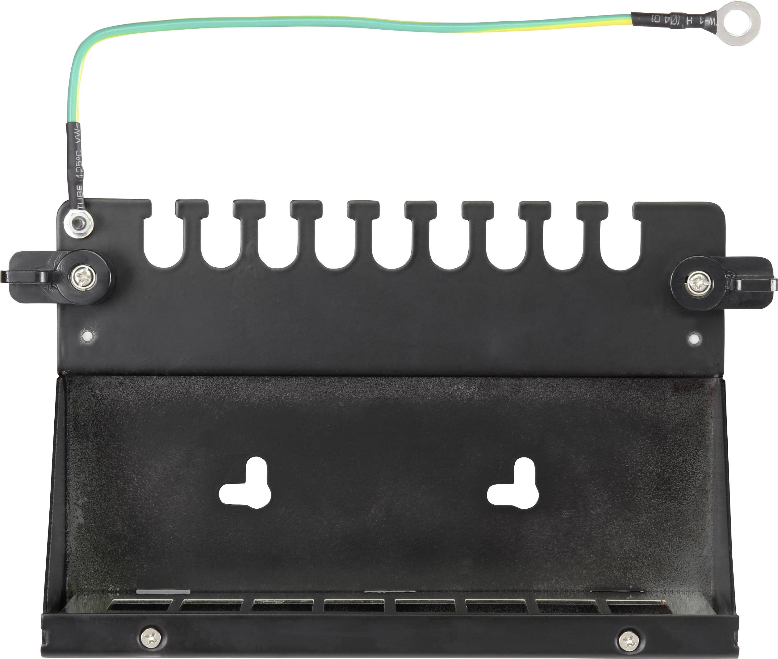 Metal mounting bracket with earthing cable, suitable for wall-mounting devices. Includes eyelets for screw fastening and cable connection.
