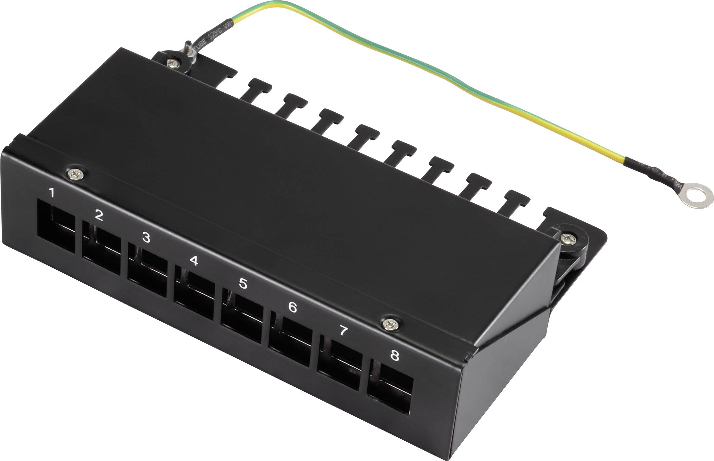 Black electrical connection module with eight numbered ports and two protruding cables, one with an earth loop.