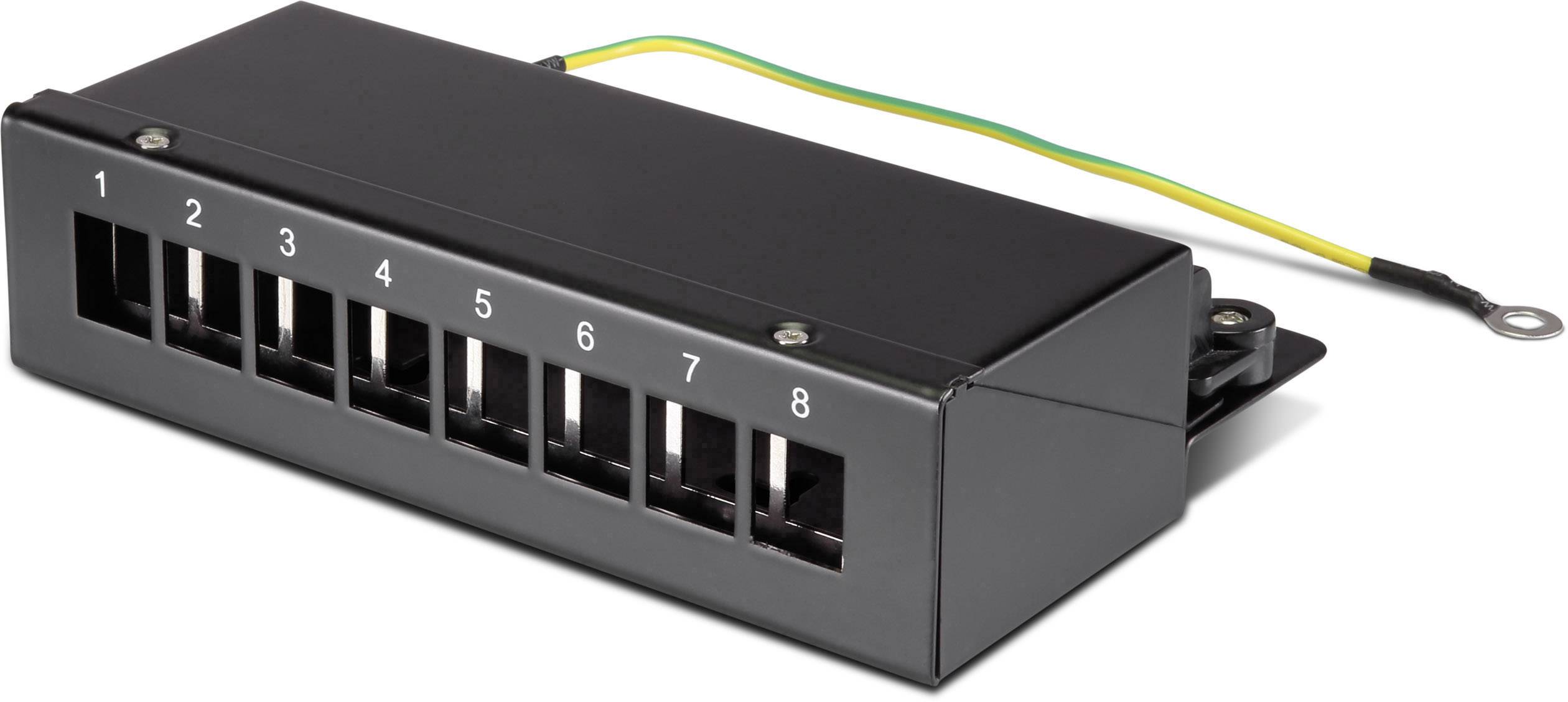 Metal enclosure with eight numbered cable channels, with a yellow and green earth cable above.
