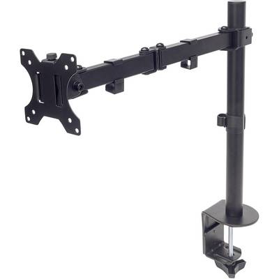 An adjustable black monitor arm for desk mounting, with a clamp at one end and a mount for attaching a monitor.