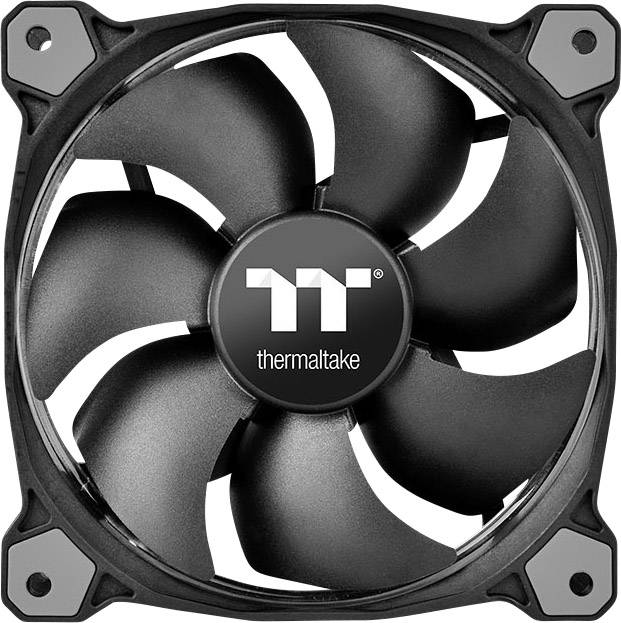 Black computer cooler with seven fan blades, 'Thermaltake' brand logo in the centre.