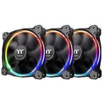 Three computer case fans with RGB lighting in rainbow colours, arranged side by side.