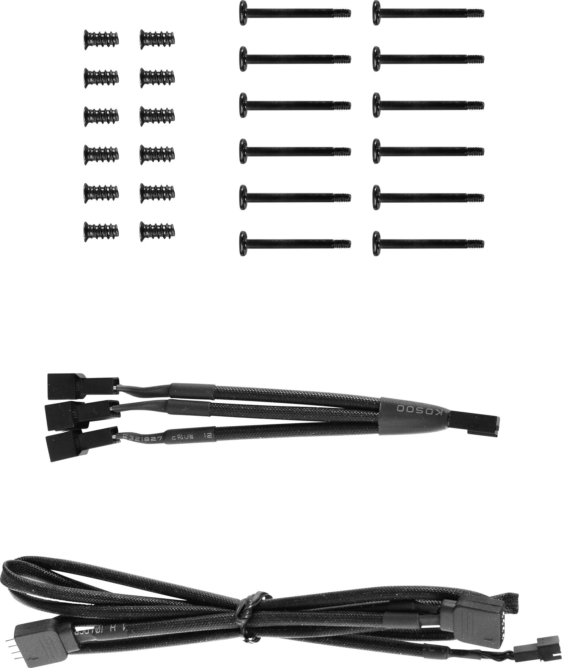Screw Set and Cables for Computer Case: Various screws on top, with two cable bundles with connectors below.