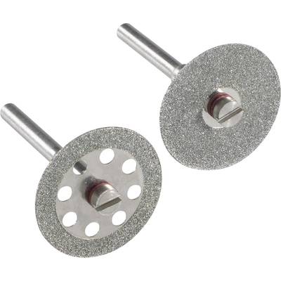 Two diamond cutting discs with ventilation holes on metal rods, used for fine cutting work and precision machining.