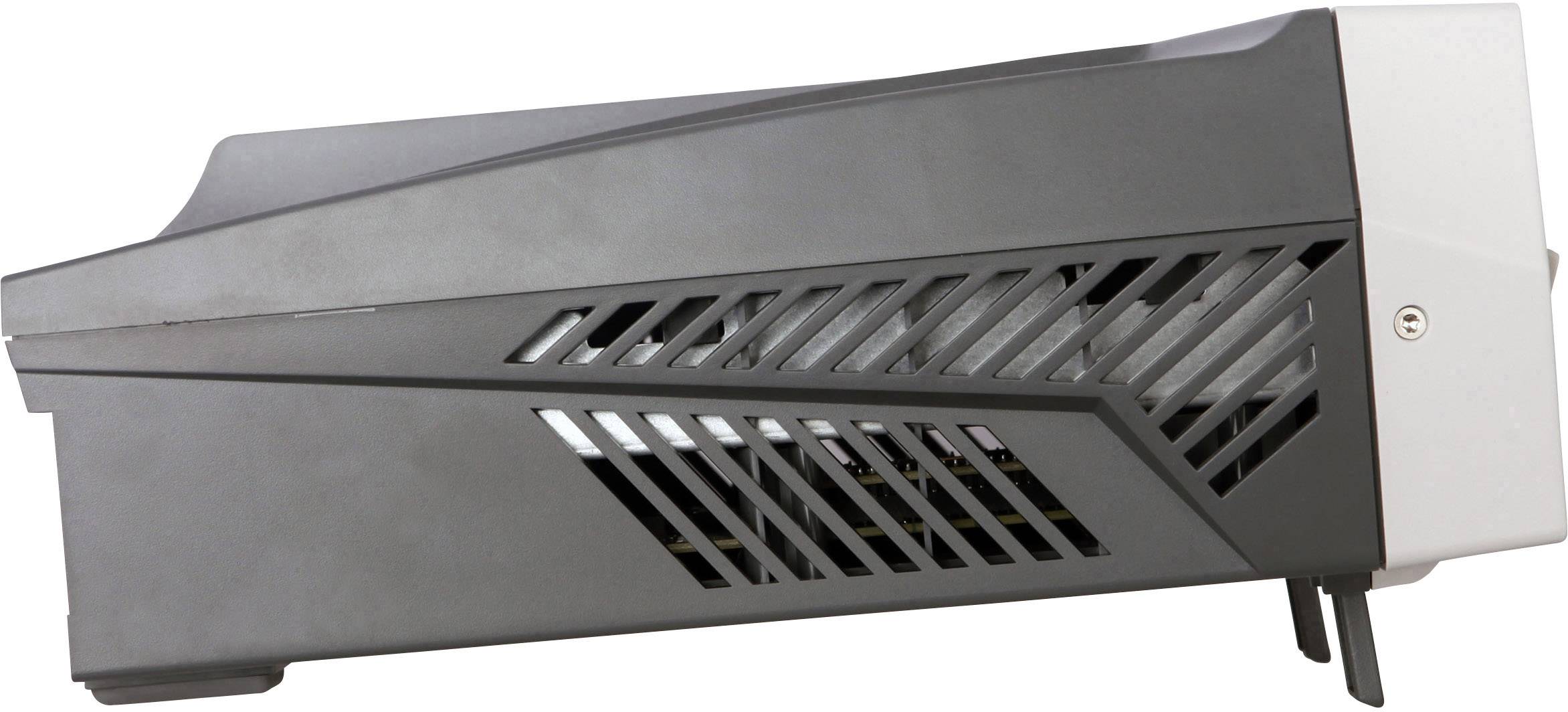 Side view of a grey, rectangular lamp cover with side ventilation.