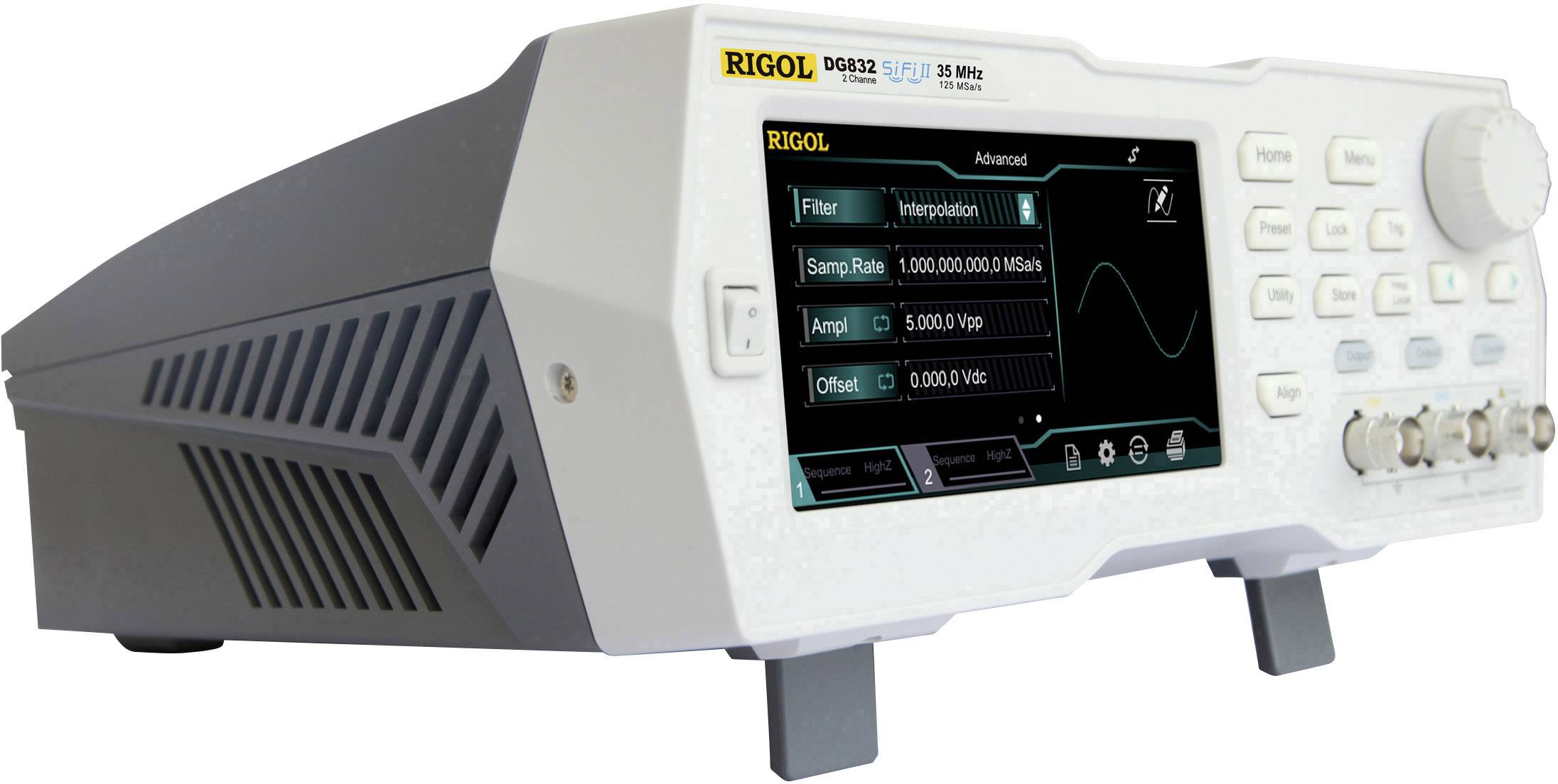 A Rigol oscilloscope displays a waveform on its screen. The controls and connection options are visible.