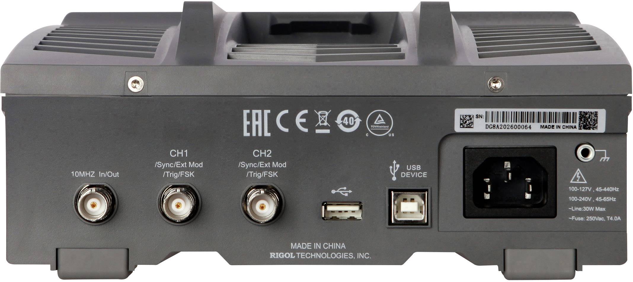 Rear view of a technical device with CE and FCC markings, three coaxial connectors, USB port, and power connection.