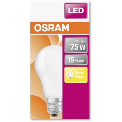 Packaging of an LED light bulb by 'Osram', 75 Watts power, warm white light, 15-year lifespan.
