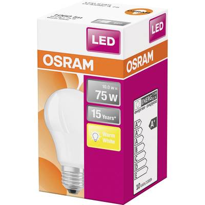 'OSRAM LED Light Bulb, 10 Watts, equivalent to 75 Watts, Warm White, Energy Rating A+, Lifespan 15 Years, 10 kWh/1000h.'