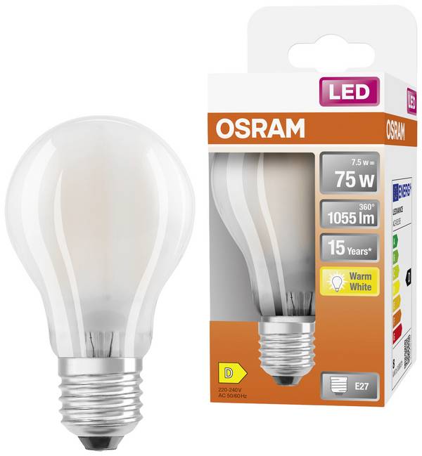 OSRAM HOMELIGHTING 4058075115910 LED (monochrome) EEC D (A - G) E-27 Pear shape 7.5 W = 75 W Warm white (Ø x L) 60 mm x 105 mm 1 pc(s)