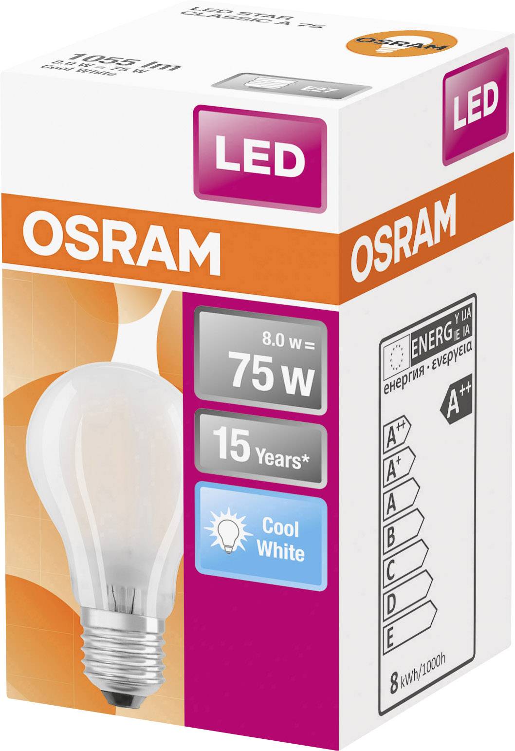 LED Light Bulb Packaging with Brand Name, 75 W, 15 Year Lifespan, Cool White, Energy Rating A++, Image of a Light Bulb.