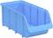 Blue stackable plastic storage box with an open front, ideal for storing small parts.