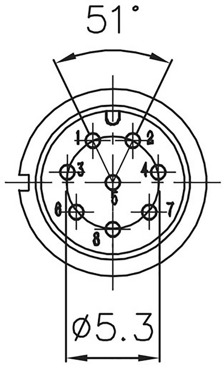 Technical drawing of a connector with eight numbered pins arranged in a circle, an outer ring, and an angle of 51 degrees.
