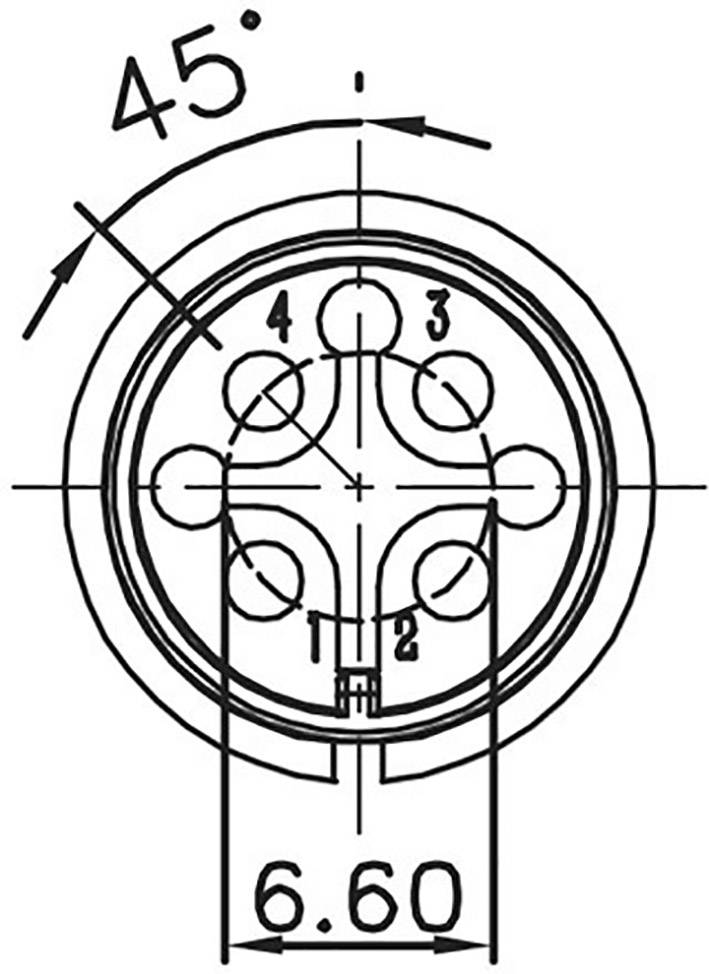 Technical drawing of a plug with five numbered pins and a 45-degree angle. Overall diameter is 6.60 mm.