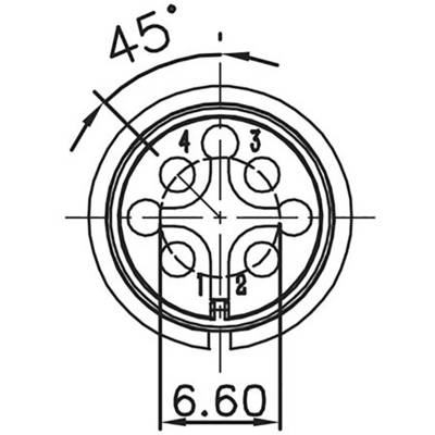 Technical drawing of a plug with five numbered pins and a 45-degree angle. Overall diameter is 6.60 mm.