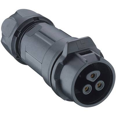 Black three-pin plug adaptor, side view. Primarily used for connecting electrical devices.