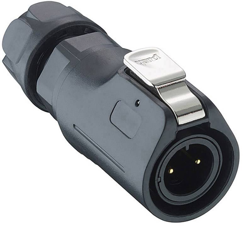 Black electric plug with metal lock, with visible pins on the side. Suitable for professional audio or video connections.