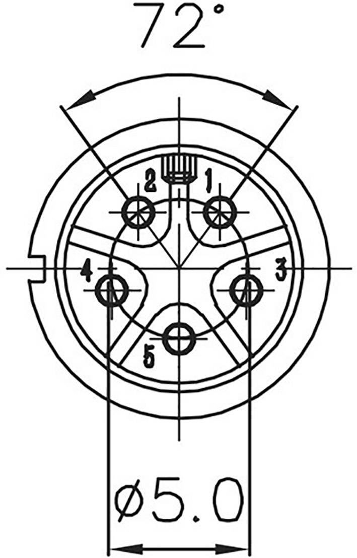 Technical drawing of a connector plug with five numbered contacts at a 72° angle. Diameter is 5.0 mm.