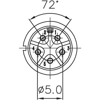 Technical drawing of a connector plug with five numbered contacts at a 72° angle. Diameter is 5.0 mm.