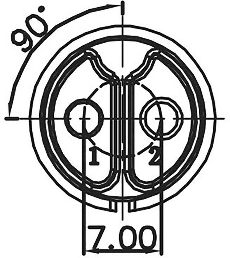 Technical drawing of a symmetrical connector with two round contacts and a diameter of 7.00 mm. Angle specification: 90 degrees.
