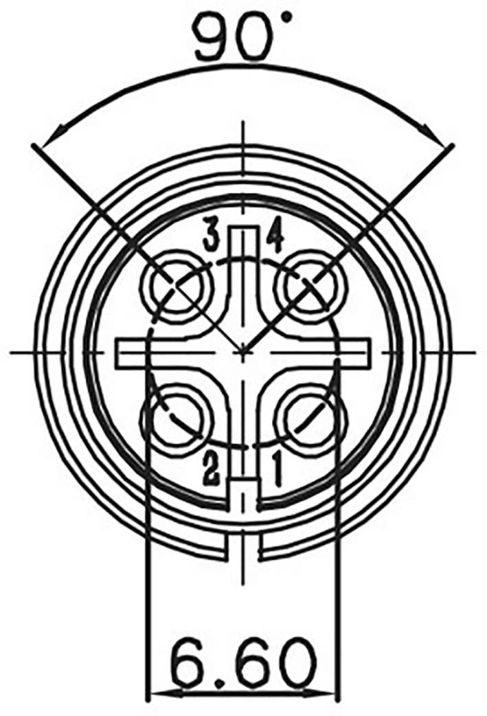 Technical drawing of a circular connector with four numbered pins, 90-degree angle marking, and dimension of 6.60 mm.