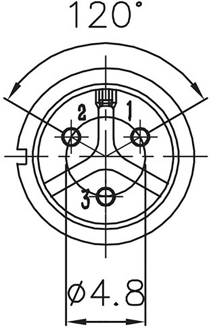Technical drawing of a circle with a triangle and three holes. The angle is 120 degrees, the diameter 4.8 mm.