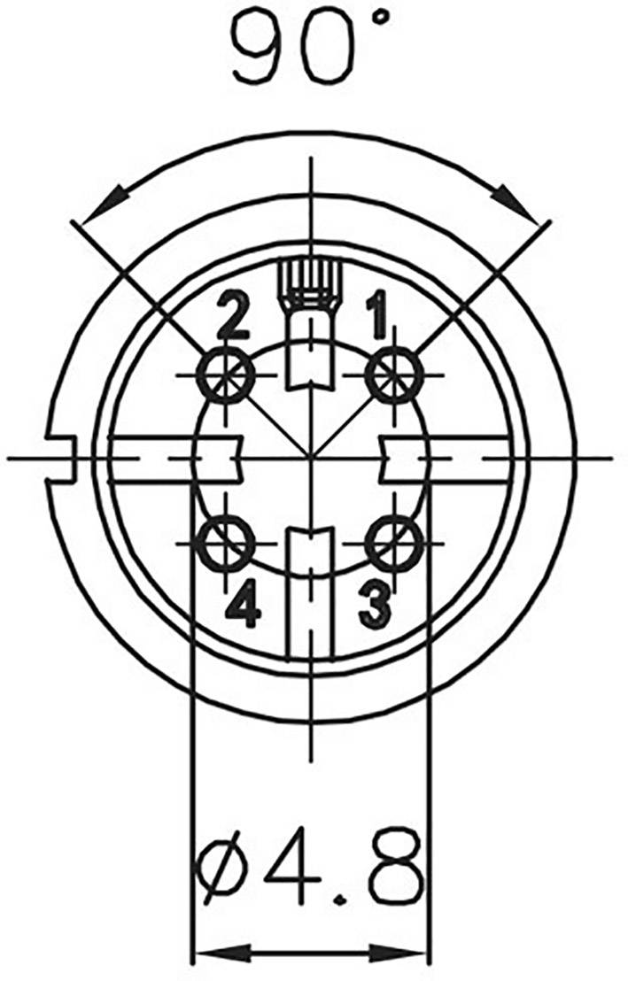 Sketch of a connector with five numbered pins. Labelled '90°' at the top and 'Ø4.8' at the bottom. Shows pin positions.